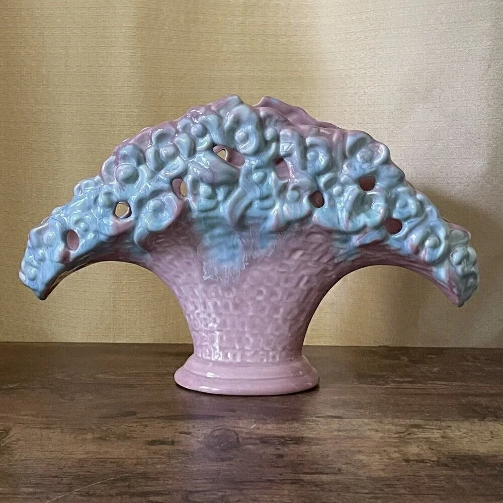 Royal Haeger Fan Vase Pink Blue Flower Basket Planter Vintage 1940s R386 USA